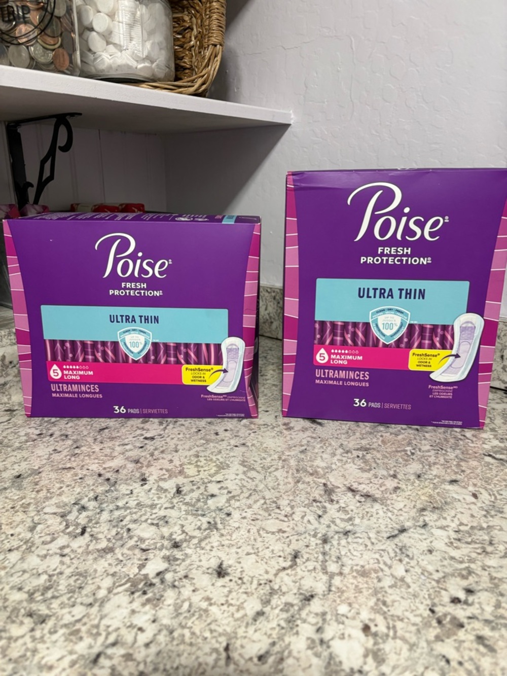 2 36 Poise Ultra Thin Incontinence Pads, 5 Drop Maximum Absorbency, Long Length